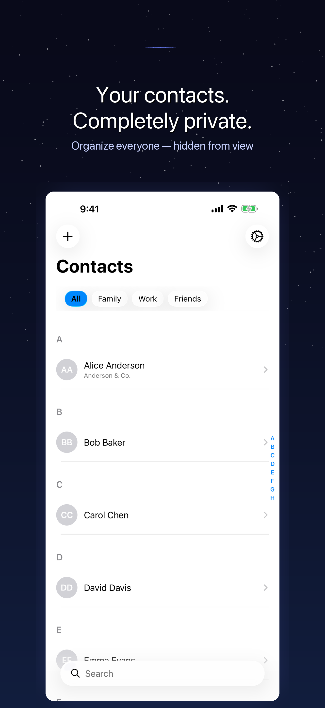 Stealth Contacts contacts list — a clean list of private contacts on iPhone