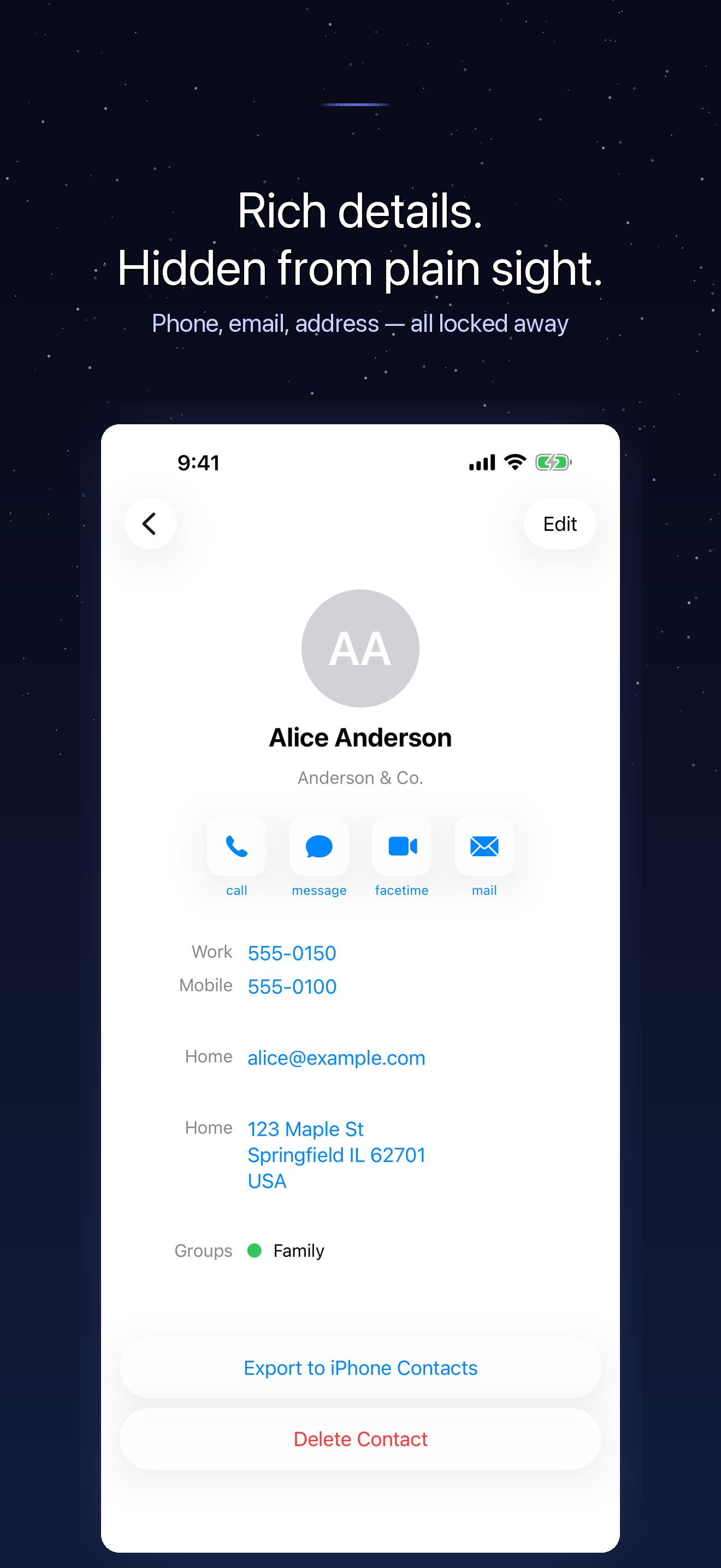 Contact detail view showing full private contact information on iPhone