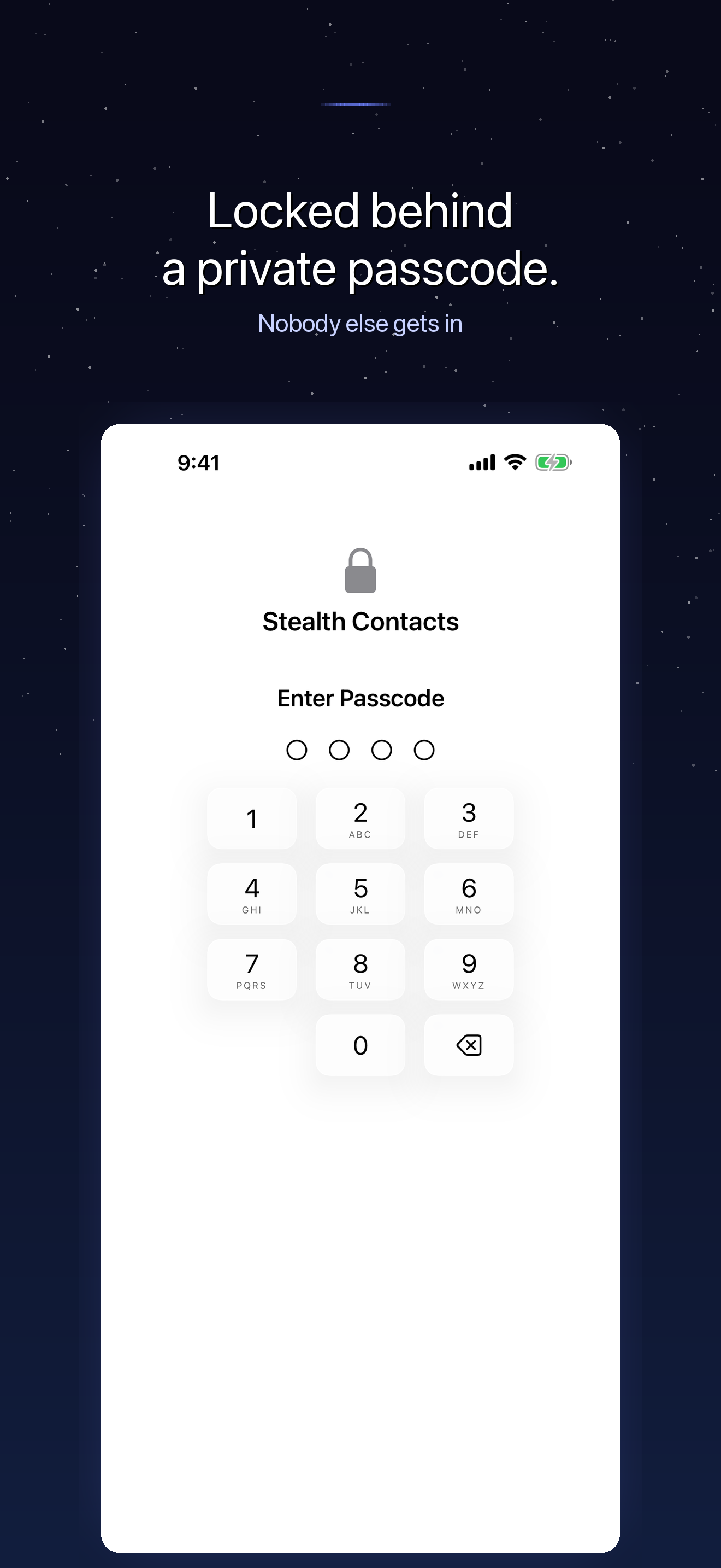 Passcode lock screen protecting the Stealth Contacts vault